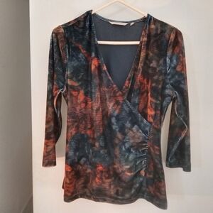 Faux wrap around velour top.  Floral tapestry.  Medium